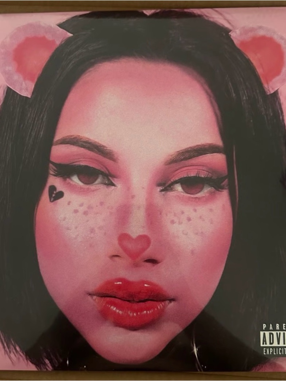 Pink Heart Face Art Print with Glossy Red Lips